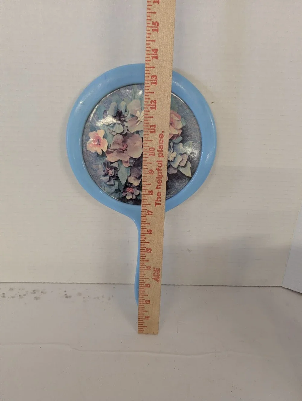 Vintage Hand Mirror Blue Floral Round Dresser Vanity  Plastic Handle 1950